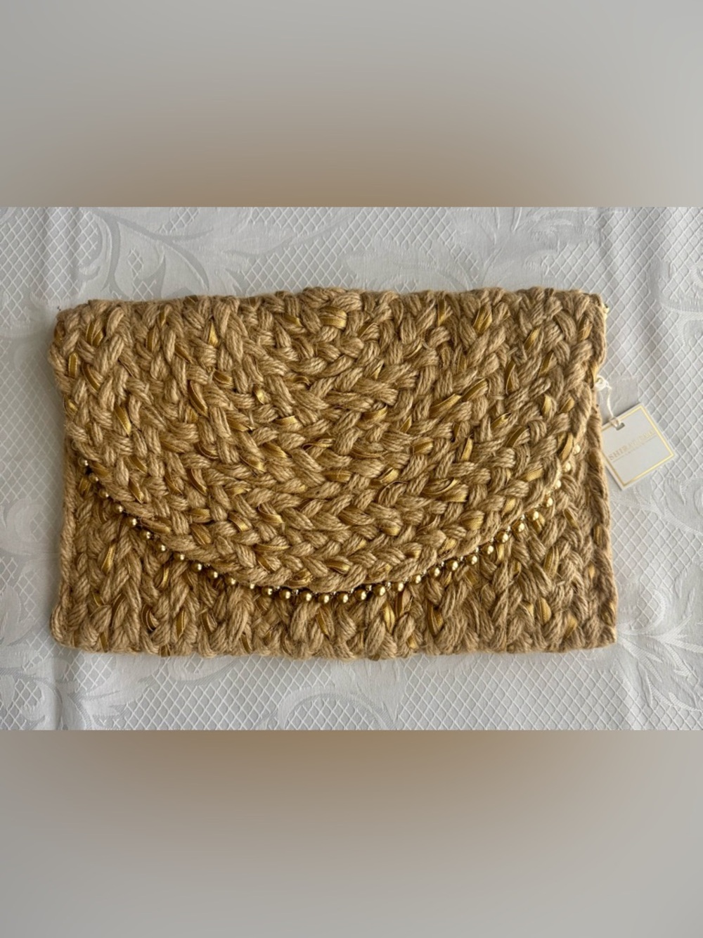 Shiraleah Chicago Woven Jute Clutch NWT Gold Accents Boho Resort Bag